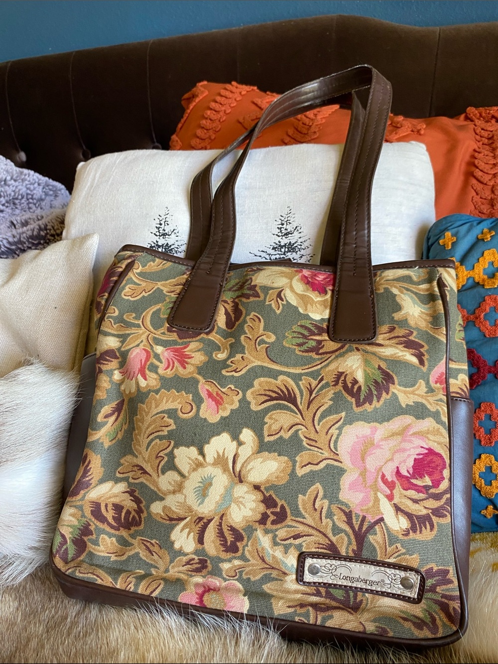 Longaberger Floral Tote in Green, Pink and Cream with Brown Trim